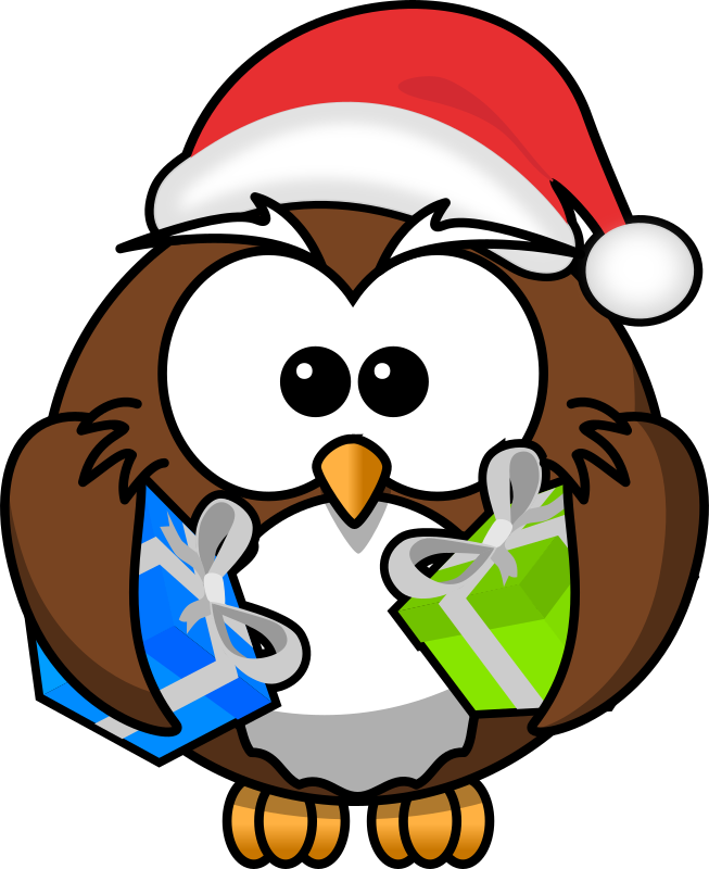 Public domain Openclipart image of a round cartoon owl in a Santa hat holding a blue and green wrapped present in each of its wings. The owl is looking straight at the reader as if it wants to share its presents. Image by Michal Rzeszutek.