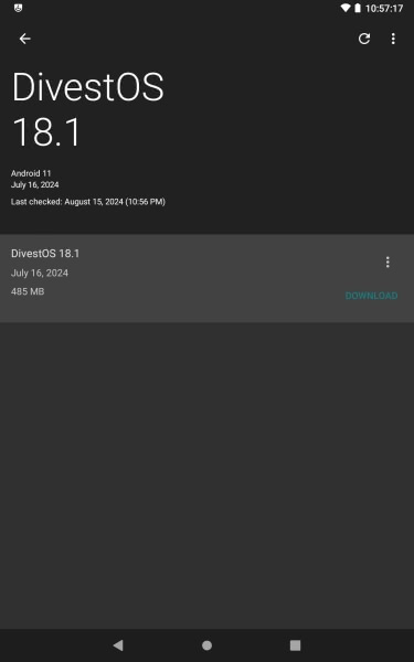 DivestOS updater screen on Google Nexus 7 Wi-Fi (2013) tablet.