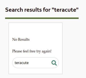 Search results page on The New Leaf Journal. Top text says "Search results for 'teracute'" -- no results found.