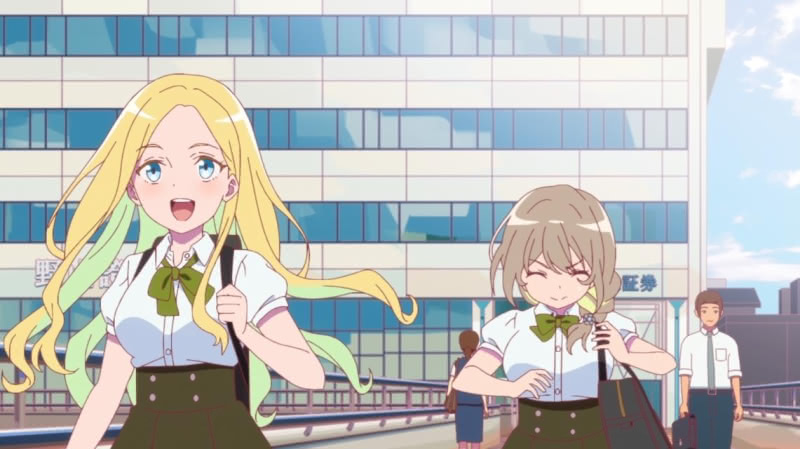 Anna Aviero excitedly running ahead of her friend Nodoka Ōtani, both in their school uniforms, in the fourth episode of Narenare: Cheer for You!